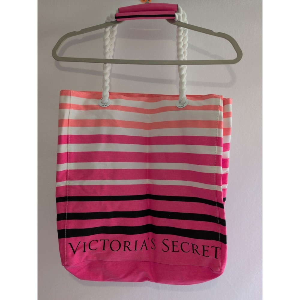 Victoria's Secret Pink White Orange Striped Canvas Shoulder Tote Beach Bag Large